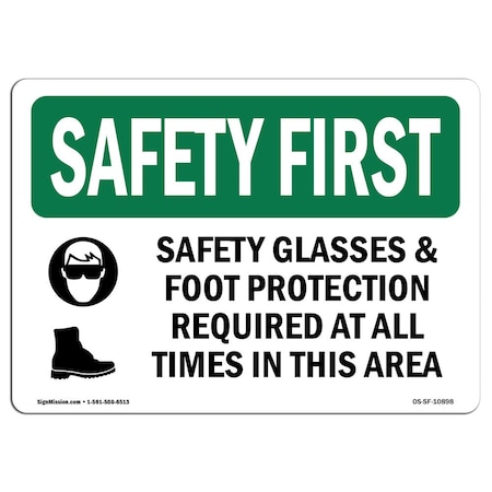 OSHA SAFETY FIRST Sign, Safety Glasses And Foot Protection W/ Symbol, 5in X 3.5in Decal